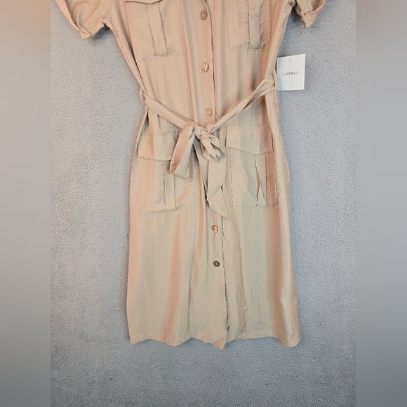 Ellen Tracy Midi Shirt Dress Sz M Tan Front Button Pockets Belted Casual Comfort - Picture 4 of 13
